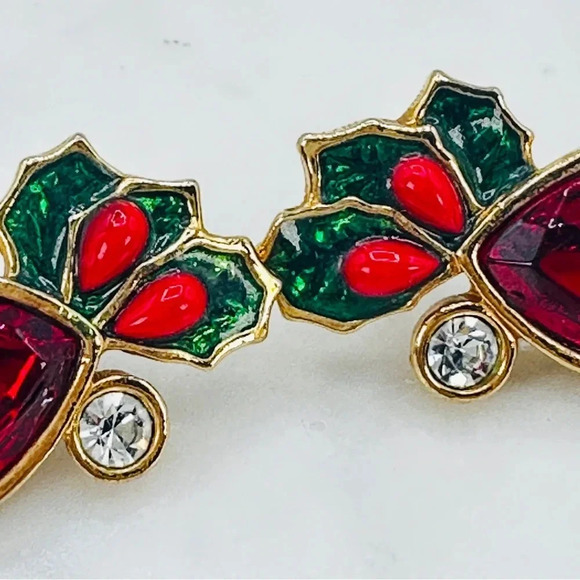 Vintage Avon 80’s Earrings Signed Christmas Holiday Red Jewel Holly Enam… - Picture 6 of 9